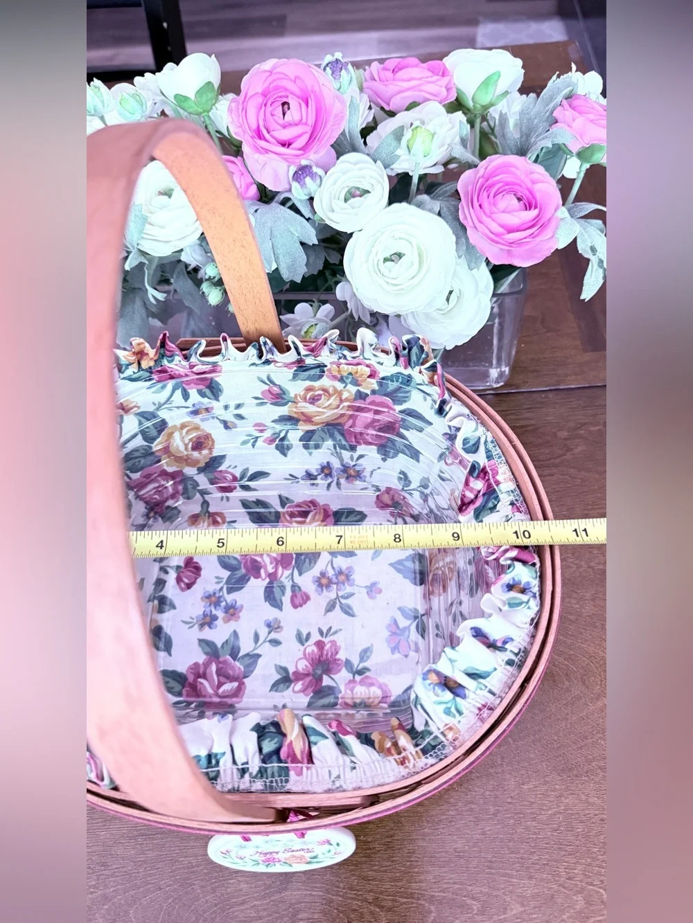 Vintage 1995 Longaberger Easter Basket with Floral Liner and Ceramic Charm